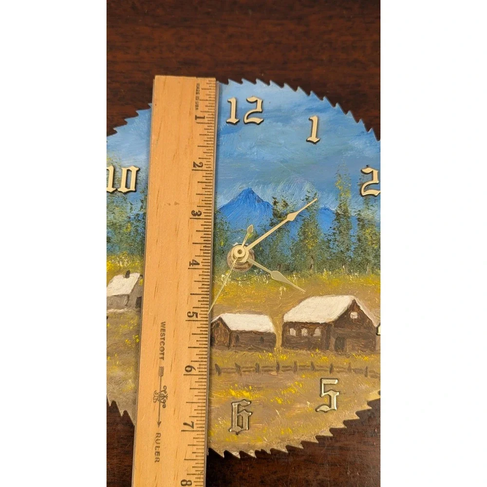 Hand Painted Circular Saw Blade‎ Wall Clock Rustic Cabin Mountain Folk Art 8in